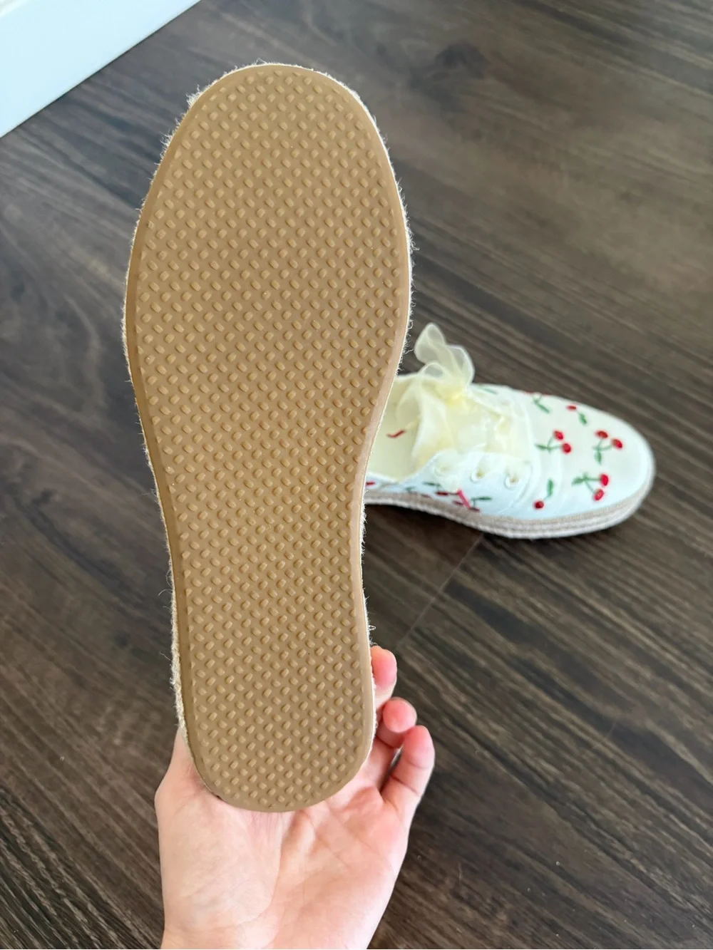 TOMS Cream Canvas Espadrille Slip-Ons with Red Cherry Embroidery
